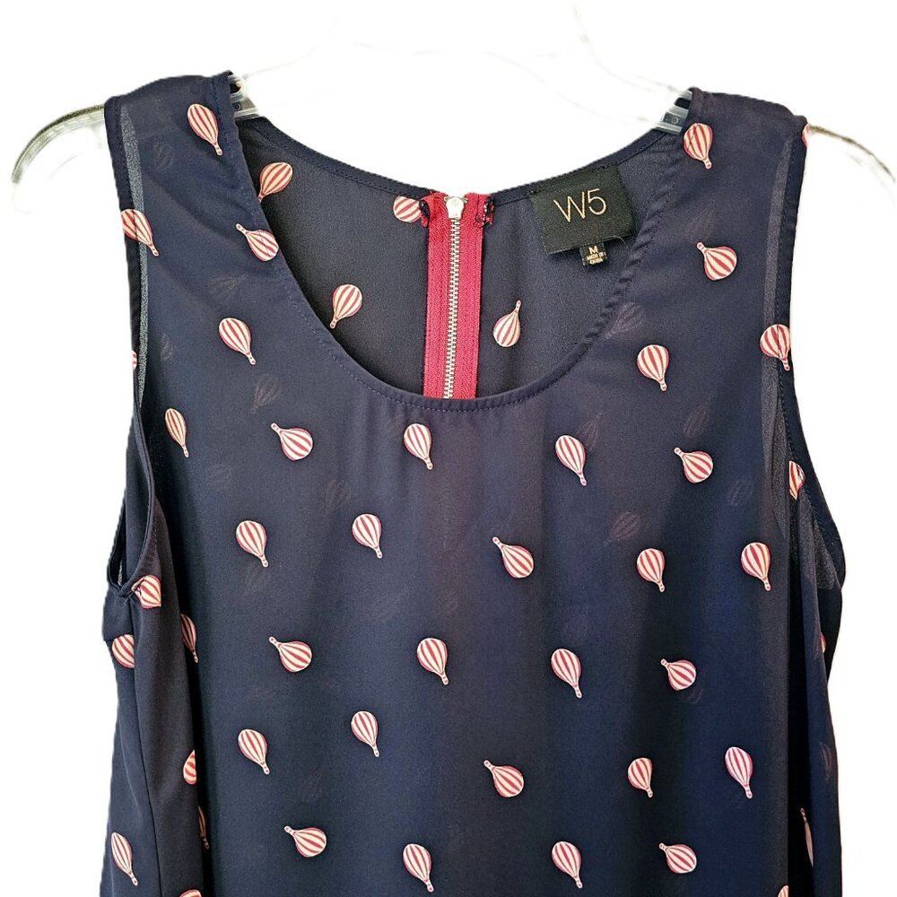 W5 Navy Hot Air Balloon Print Sleeveless Blouse Flowy High Low Hem Medium - Picture 2 of 11